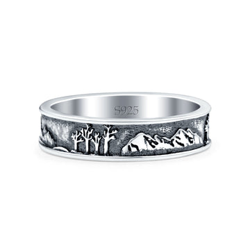 Mountains & Trees Oxidized Band Solid 925 Sterling Silver Thumb Ring (5mm)